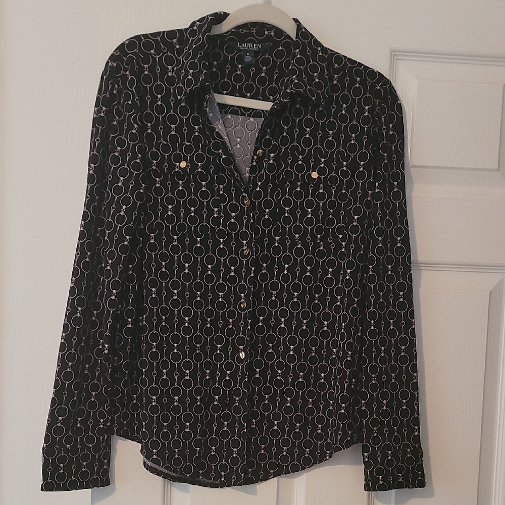 Lauren Black Button-Down Shirt with White Chain Motif & Gold Buttons